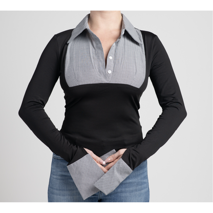 BLACK COLLARED LONG SLEEVE TOP